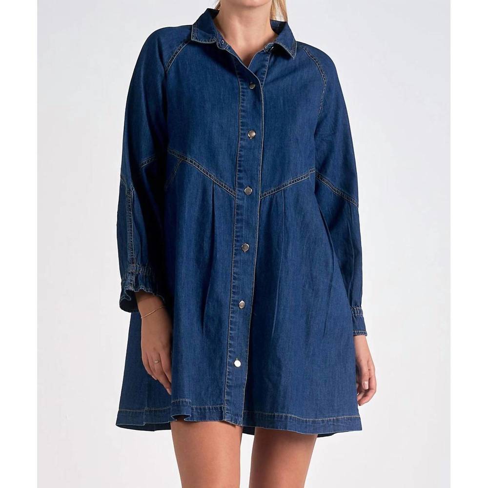Elan Dark Blue Denim Button-Front Mini Dress